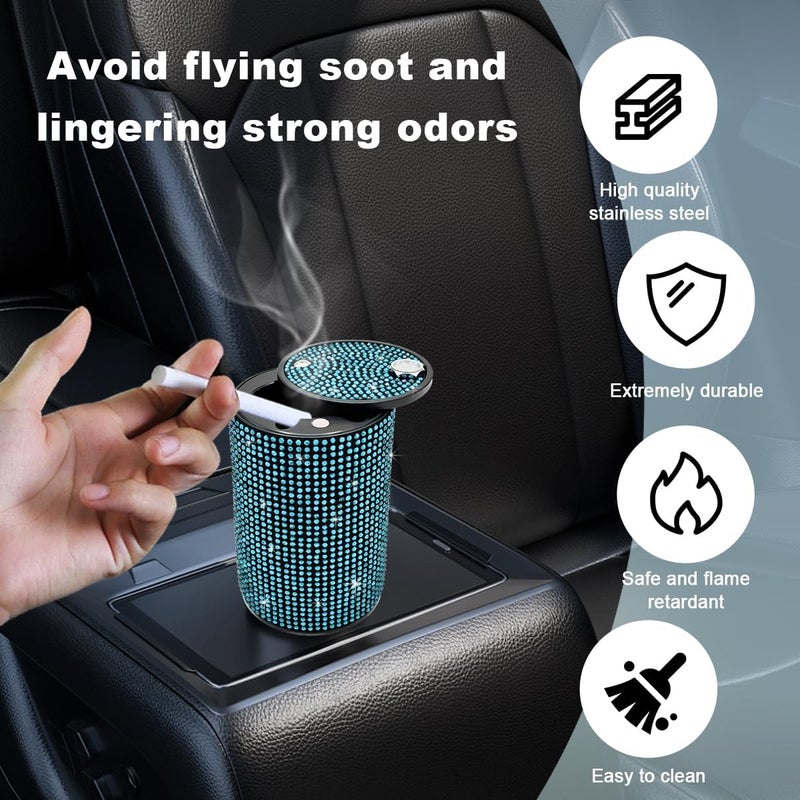 SHMZK Car Cigarette Ashtray with Lid, Stainless Steel Bling Crystal Diamond Smokeless Fireproof Vehicle Ashtray Holder, Portable Sparkling Ashtray Cup Holder for Car Home Office (Blue) - Image 4